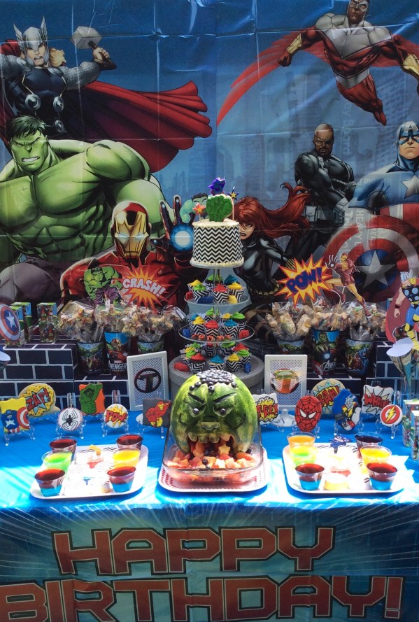 Avengers Birthday Party Dessert Table display